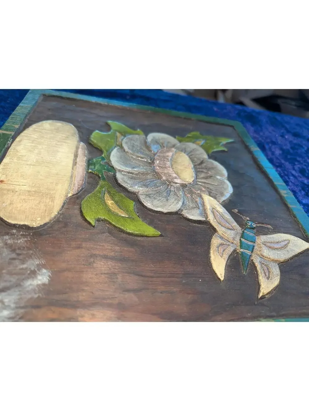 Hand-Carved Wooden Wall Art Plaque with Floral and Butterfly Design